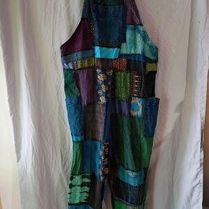 Patchwork Multicolor Boho Halter Jumpsuit in Blue & Green